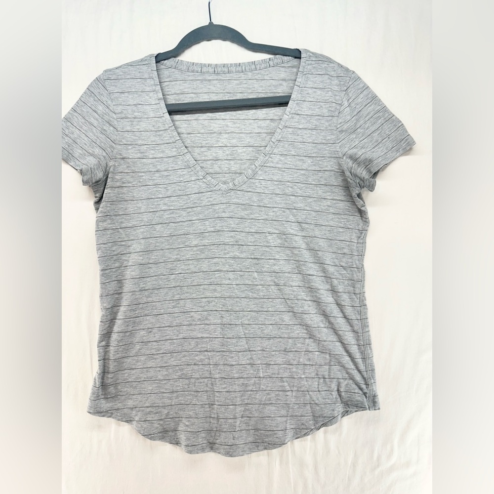 Lululemon Love Grey Striped V Neck Short Sleeve Shirt See Measurements For Size